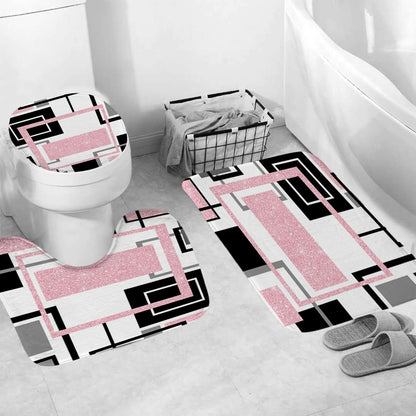 Onalasyc 4Pcs Pink Geometric Shower Curtain with Rugs Set