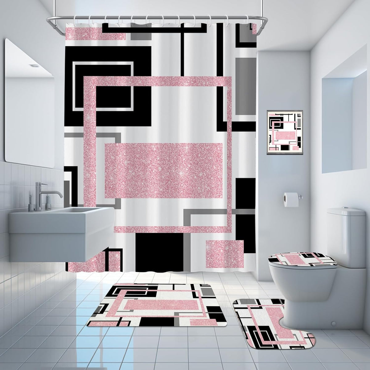 Onalasyc 4Pcs Pink Geometric Shower Curtain with Rugs Set