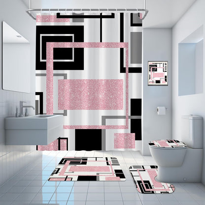 Onalasyc 4Pcs Pink Geometric Shower Curtain with Rugs Set