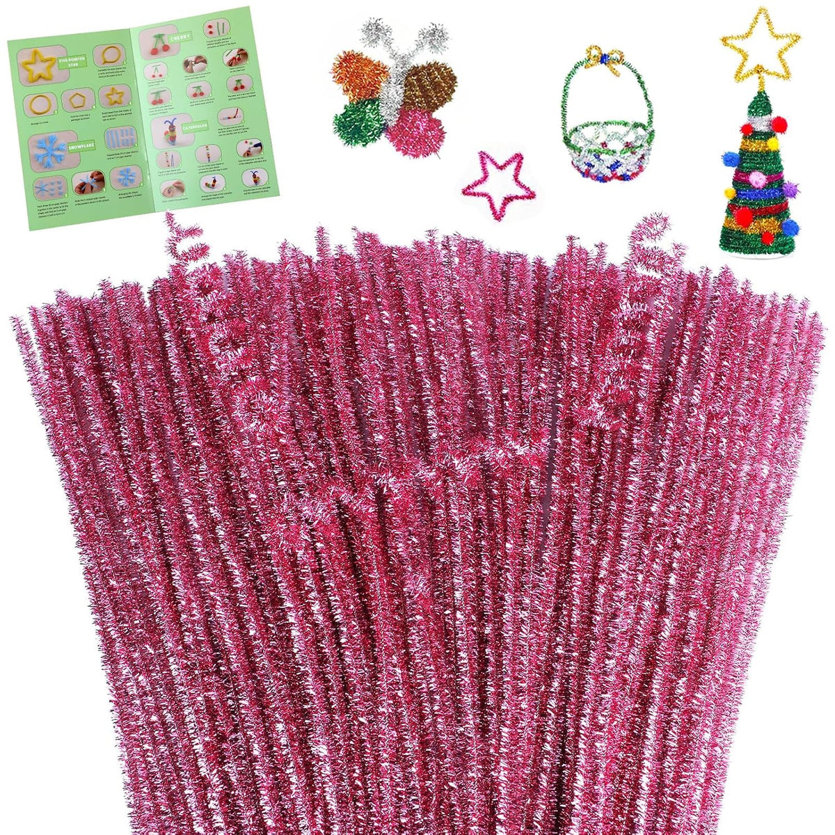 100 Pcs Pipe Cleaners Craft, Pink Glitter Pipe Cleaners Bulk