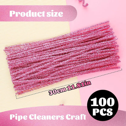 100 Pcs Pipe Cleaners Craft, Pink Glitter Pipe Cleaners Bulk