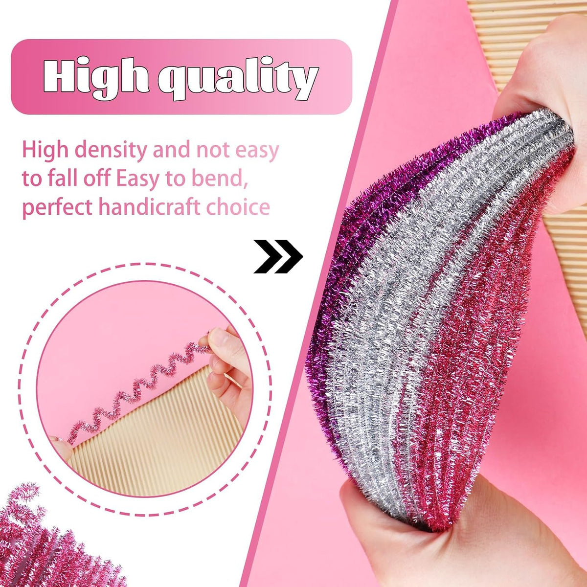 100 Pcs Pipe Cleaners Craft, Pink Glitter Pipe Cleaners Bulk