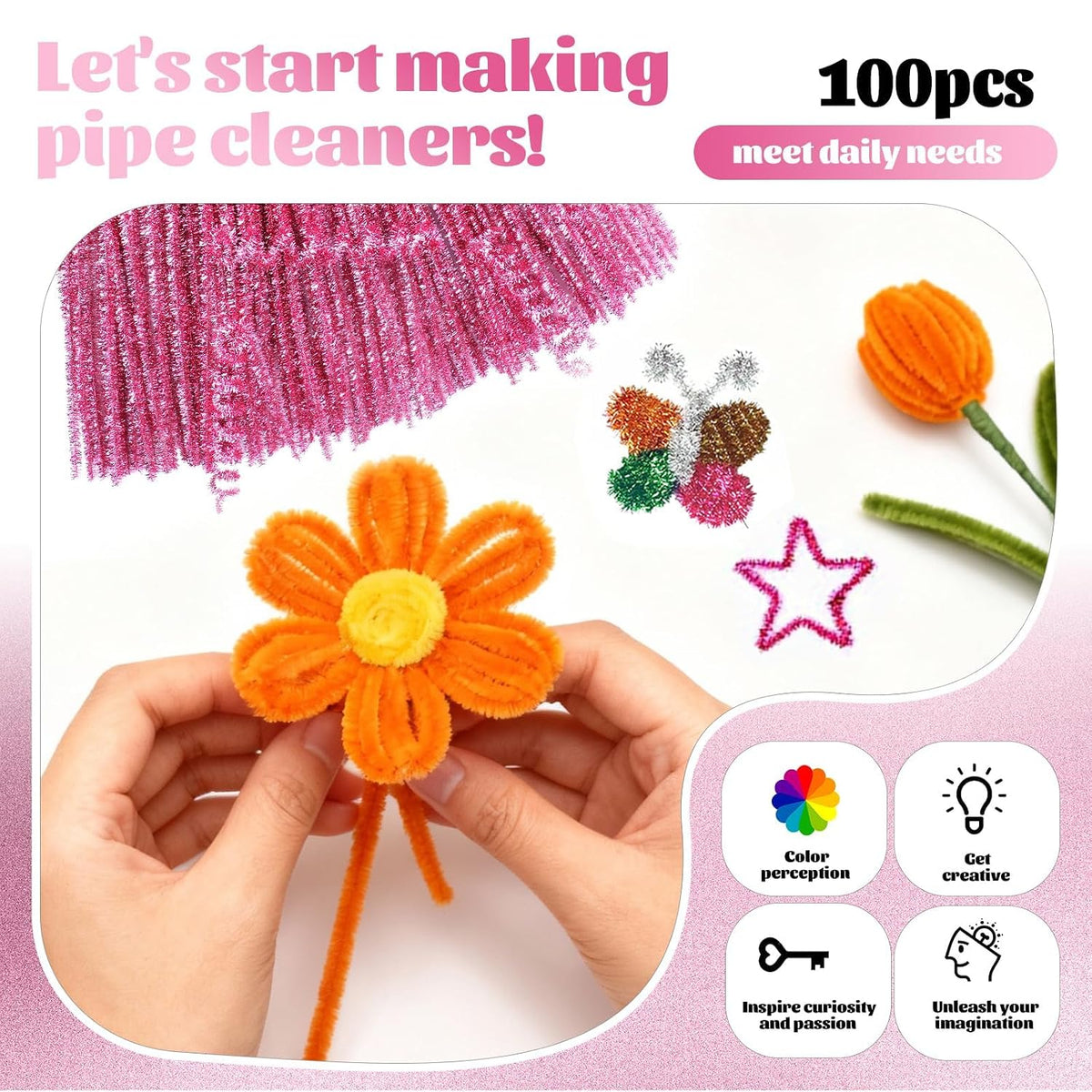 100 Pcs Pipe Cleaners Craft, Pink Glitter Pipe Cleaners Bulk