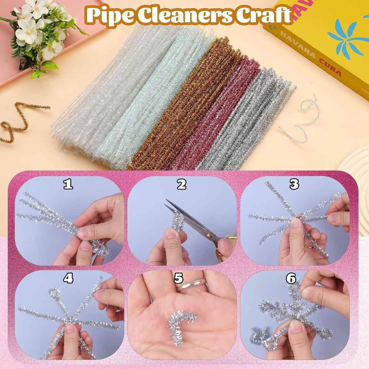 100 Pcs Pipe Cleaners Craft, Pink Glitter Pipe Cleaners Bulk