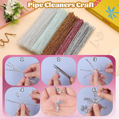 100 Pcs Pipe Cleaners Craft, Pink Glitter Pipe Cleaners Bulk