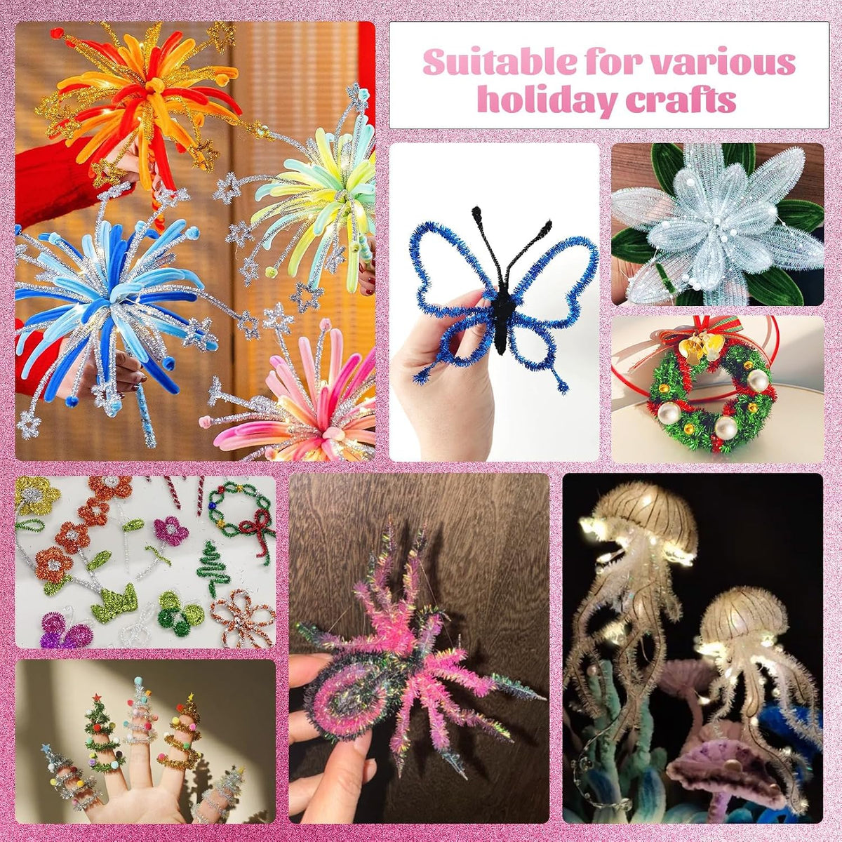 100 Pcs Pipe Cleaners Craft, Pink Glitter Pipe Cleaners Bulk