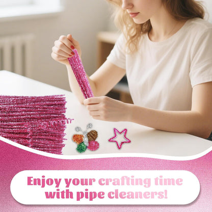 100 Pcs Pipe Cleaners Craft, Pink Glitter Pipe Cleaners Bulk