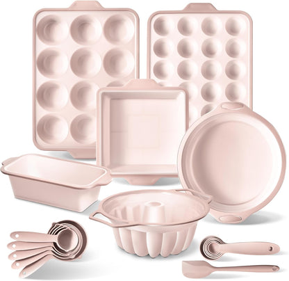 17 Pc. Silicone Baking Pan Set - Non-Stick & Easy Clean Silicone Muffin Pans for Baking with Sturdy Metal Frame for Stability, Flexible Cake Molds, Includes Measuring Cups and Spoons