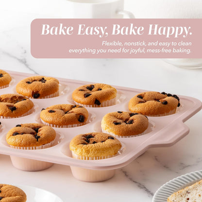 17 Pc. Silicone Baking Pan Set - Non-Stick & Easy Clean Silicone Muffin Pans for Baking with Sturdy Metal Frame for Stability, Flexible Cake Molds, Includes Measuring Cups and Spoons
