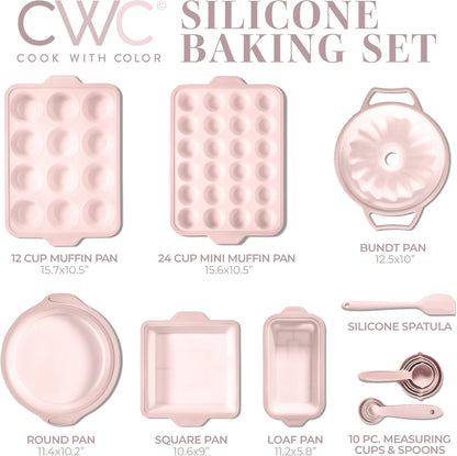 17 Pc. Silicone Baking Pan Set - Non-Stick & Easy Clean Silicone Muffin Pans for Baking with Sturdy Metal Frame for Stability, Flexible Cake Molds, Includes Measuring Cups and Spoons