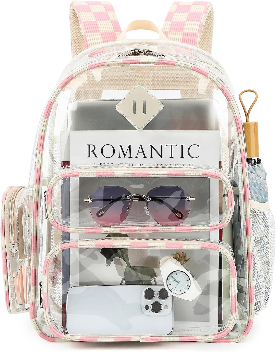 Clear Backpack for School, Girls Boys Transparent Bookbag Women See Through Backpack for Travel Security College Concert (Corduroy Checkered Pink)