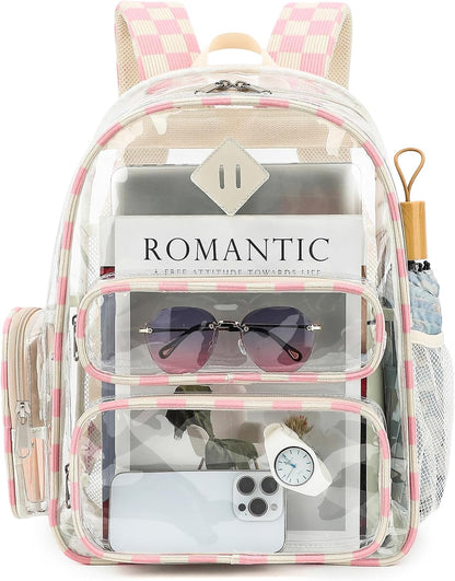 Clear Backpack for School, Girls Boys Transparent Bookbag Women See Through Backpack for Travel Security College Concert (Corduroy Checkered Pink)
