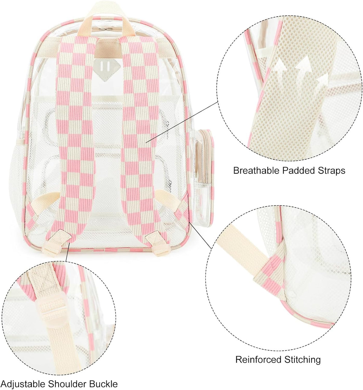 Clear Backpack for School, Girls Boys Transparent Bookbag Women See Through Backpack for Travel Security College Concert (Corduroy Checkered Pink)