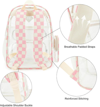 Clear Backpack for School, Girls Boys Transparent Bookbag Women See Through Backpack for Travel Security College Concert (Corduroy Checkered Pink)