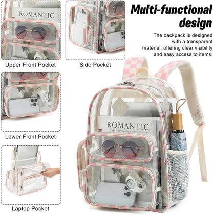 Clear Backpack for School, Girls Boys Transparent Bookbag Women See Through Backpack for Travel Security College Concert (Corduroy Checkered Pink)