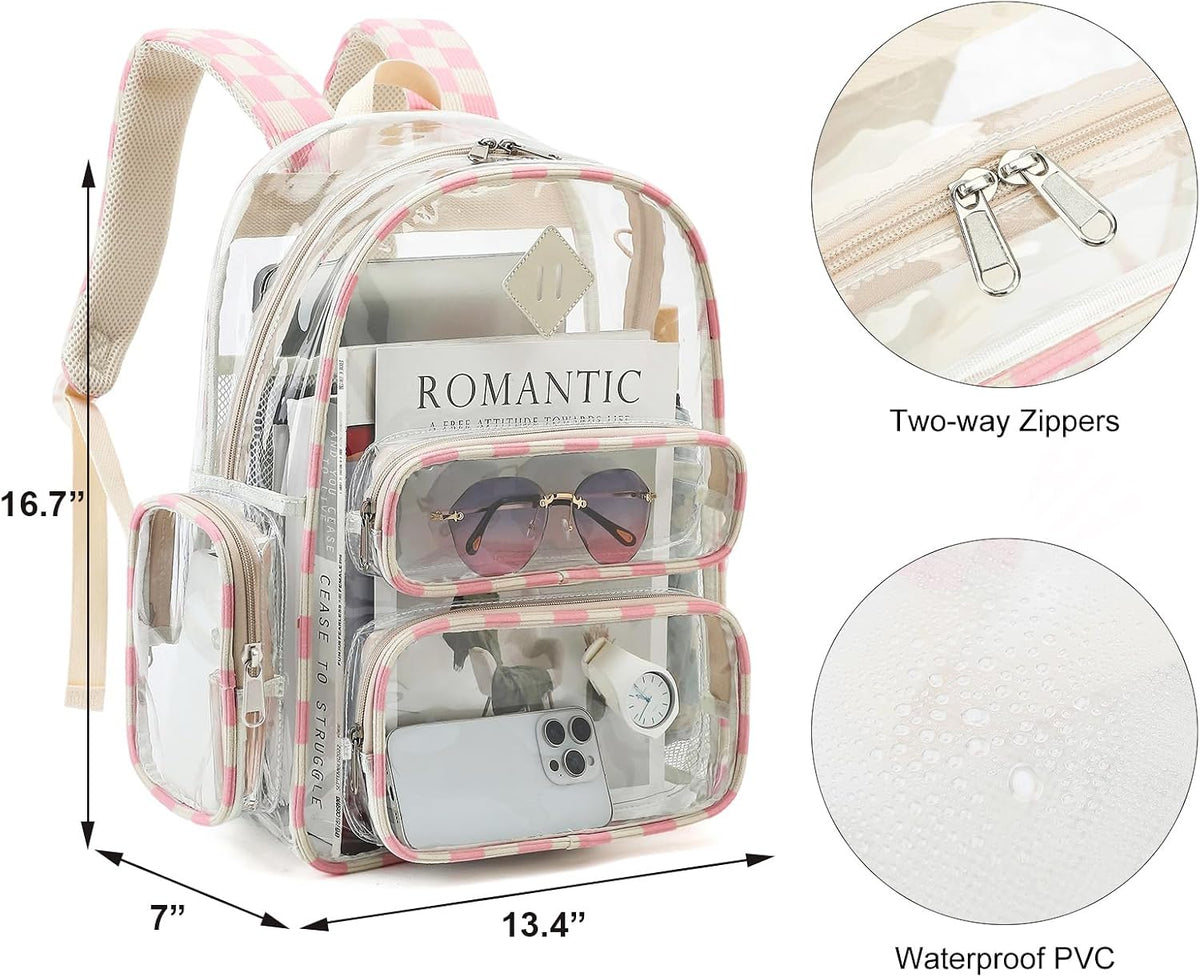 Clear Backpack for School, Girls Boys Transparent Bookbag Women See Through Backpack for Travel Security College Concert (Corduroy Checkered Pink)
