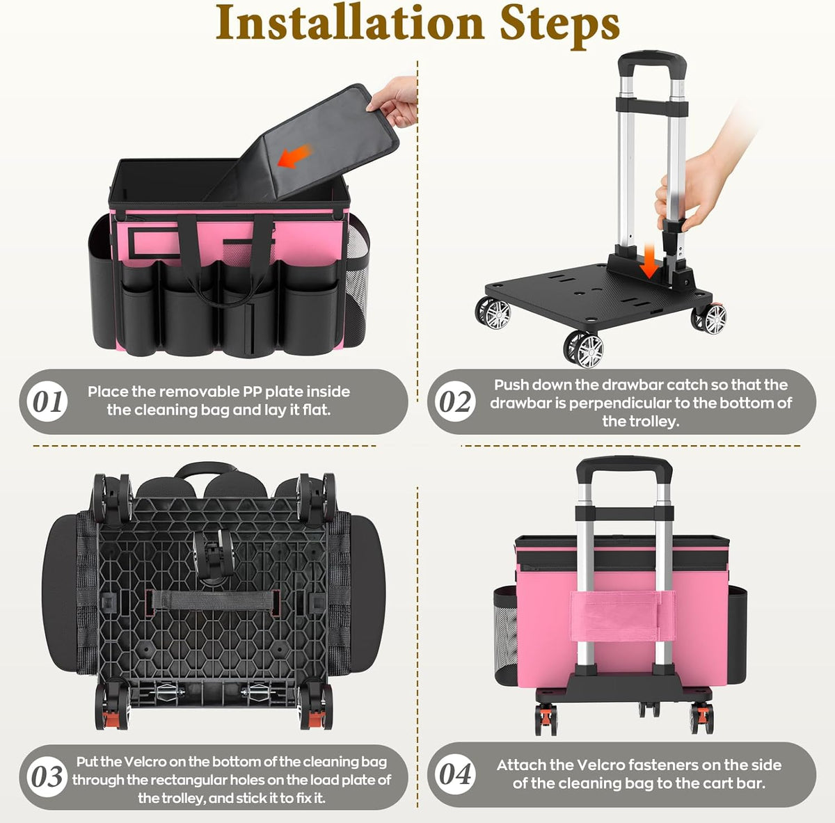 Cleaning Caddy with Wheels - Rolling Cleaning Caddy Bag with Detachable Trolley, Cleaning Caddy for Cleaning Supplies, Cleaning Bag for Housekeeping, Pink