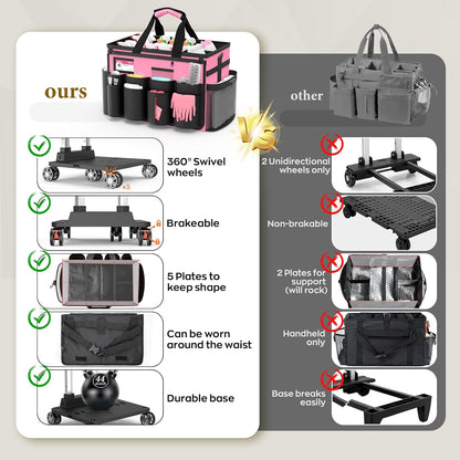 Cleaning Caddy with Wheels - Rolling Cleaning Caddy Bag with Detachable Trolley, Cleaning Caddy for Cleaning Supplies, Cleaning Bag for Housekeeping, Pink