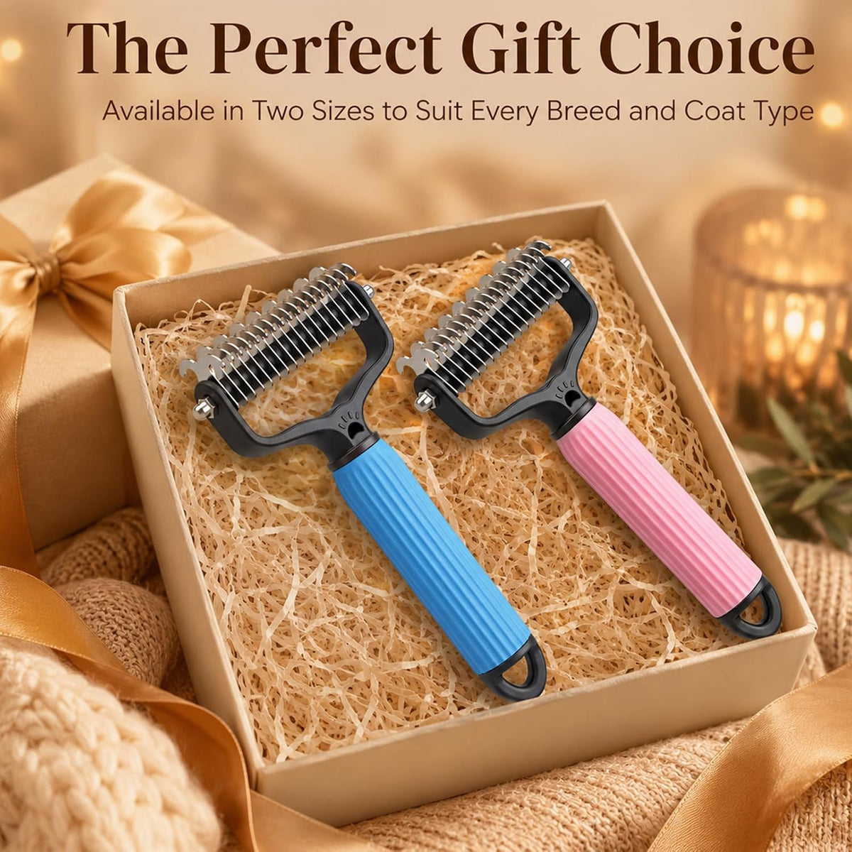 2 PcsPet Grooming Brush, Dematting Comb for Dogs and Cats, Double Sided Undercoat Rake – Undercoat Rake Pet Brush for Long Hair (Blue+Pink)