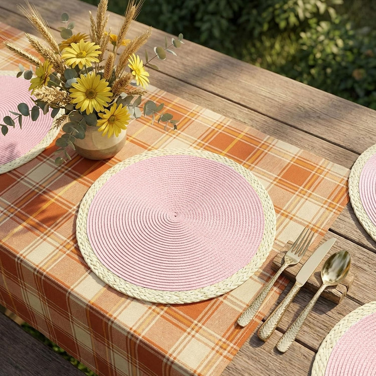 Round Placemats Set of 6, Woven Table Mats, Mint Pink