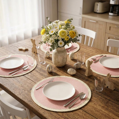 Round Placemats Set of 6, Woven Table Mats, Mint Pink