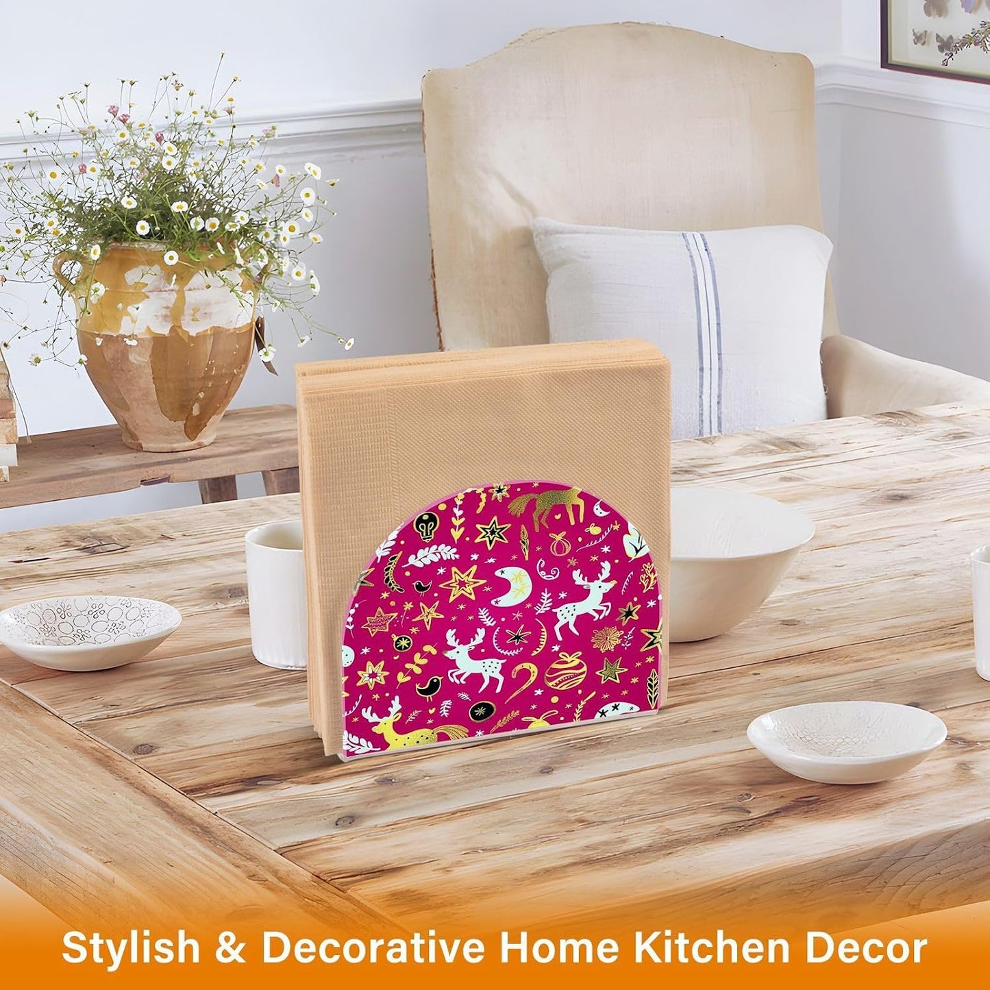 Christmas Gold Peach Deer Acrylic napkin holders set for outdoors, dining room freestanding napkin holders for cloth home decor for table, kitchen