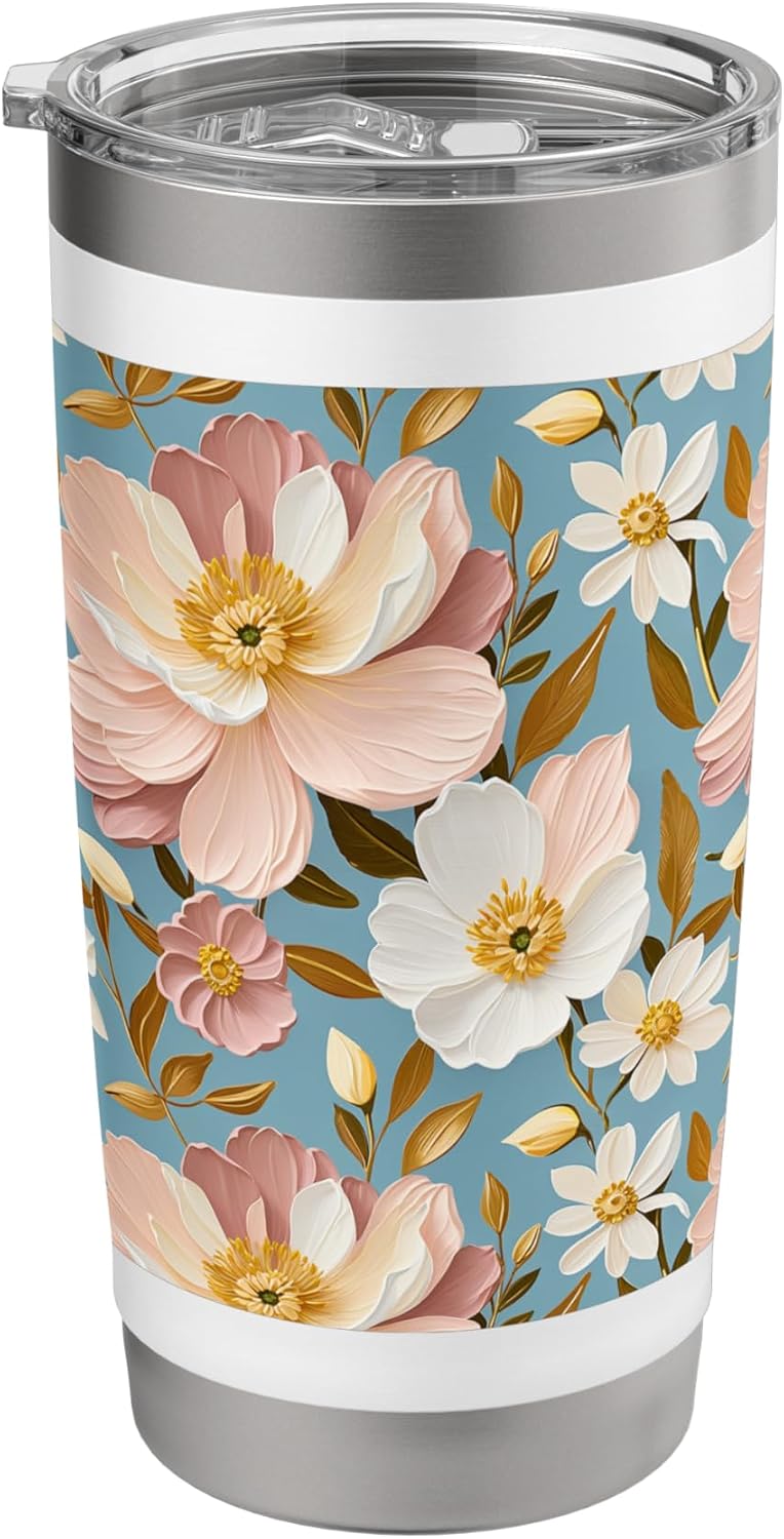 Vintage-Inspired Peach Floral Pattern Stainless Steel Insulated Tumbler