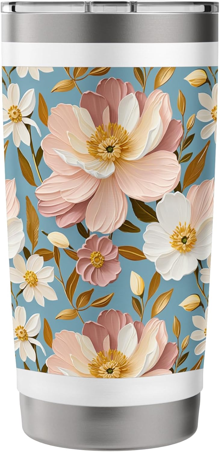 Vintage-Inspired Peach Floral Pattern Stainless Steel Insulated Tumbler