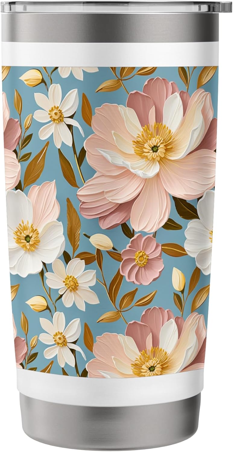 Vintage-Inspired Peach Floral Pattern Stainless Steel Insulated Tumbler
