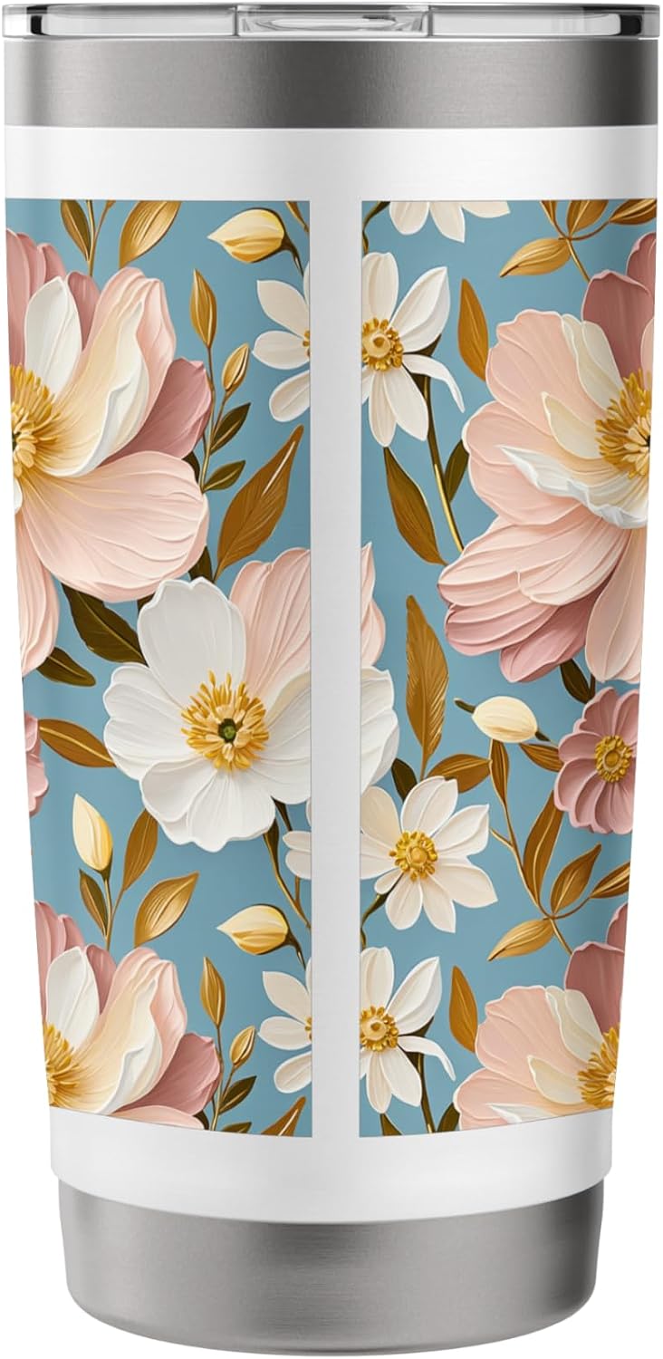 Vintage-Inspired Peach Floral Pattern Stainless Steel Insulated Tumbler