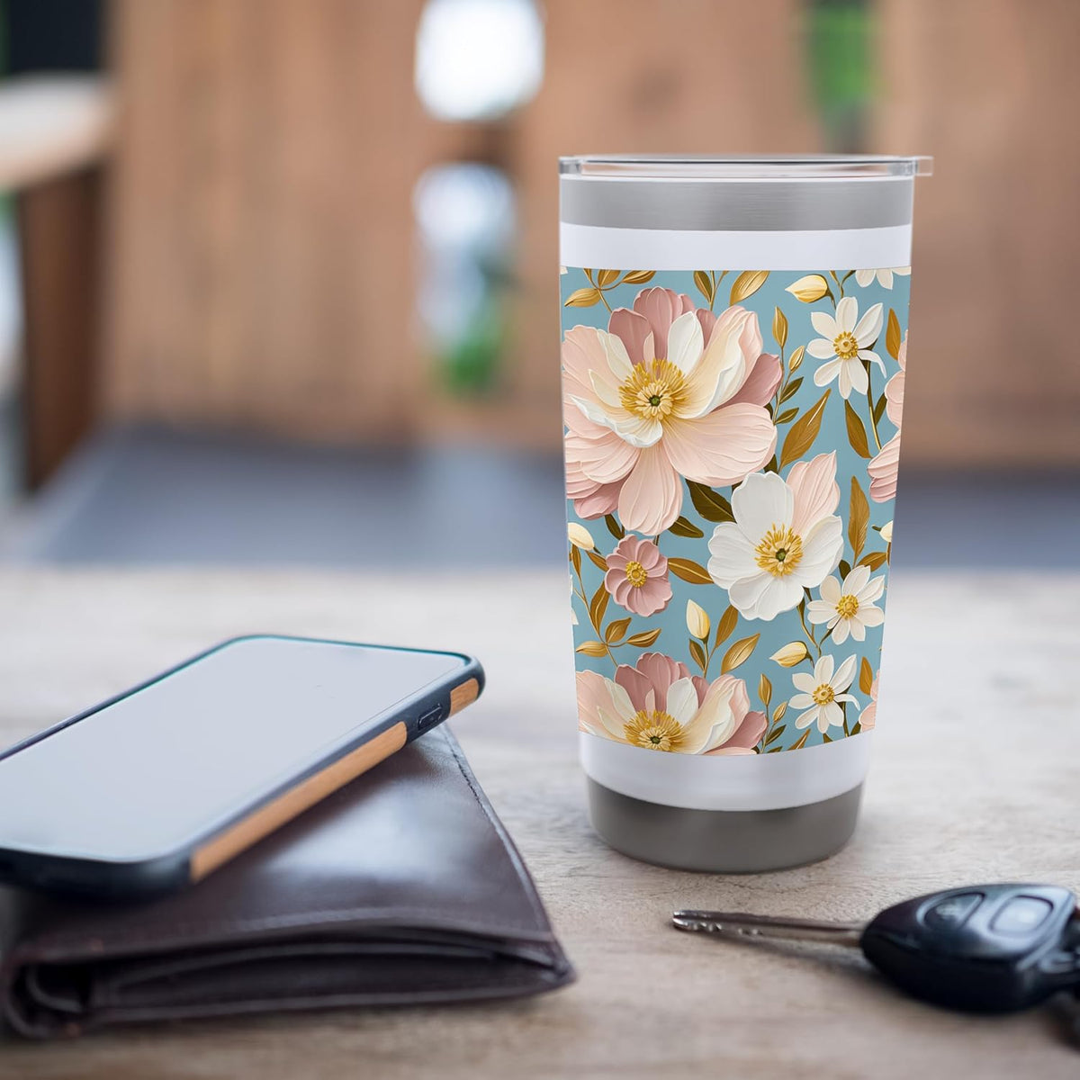 Vintage-Inspired Peach Floral Pattern Stainless Steel Insulated Tumbler