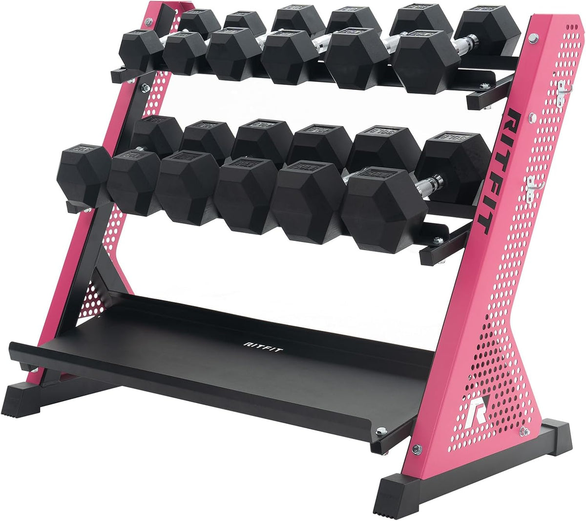 RitFit Rubber Hex Dumbbell Weight Set with 3-Tier Dumbbell Rack