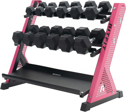 RitFit Rubber Hex Dumbbell Weight Set with 3-Tier Dumbbell Rack
