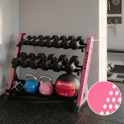 RitFit Rubber Hex Dumbbell Weight Set with 3-Tier Dumbbell Rack