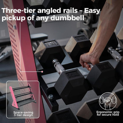 RitFit Rubber Hex Dumbbell Weight Set with 3-Tier Dumbbell Rack