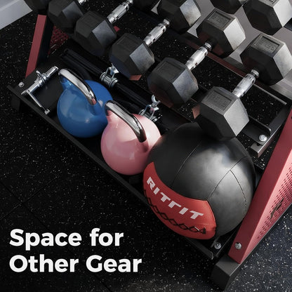 RitFit Rubber Hex Dumbbell Weight Set with 3-Tier Dumbbell Rack