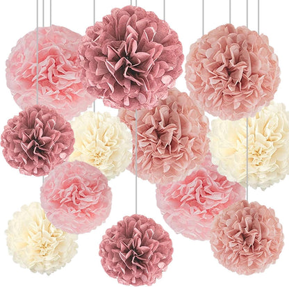 Boho Party Decoration,12pcs Blush Pink, Dusty Rose, Mauve, Cream Tissue Paper Pom Poms,Hanging Paper Flowers for Wedding Bridal Shower Bachelorette Party Decoration