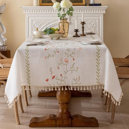 Linen Spring Flowers Tablecloth with Tassels, Rustic Farmhouse Embroidery Waterproof Table Cloths for Rectangle Tables, Heavy Weight Spill-Proof Table Covers, Pink Florals, 55''x 70''