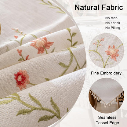 Linen Spring Flowers Tablecloth with Tassels, Rustic Farmhouse Embroidery Waterproof Table Cloths for Rectangle Tables, Heavy Weight Spill-Proof Table Covers, Pink Florals, 55''x 70''