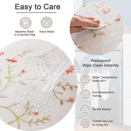 Linen Spring Flowers Tablecloth with Tassels, Rustic Farmhouse Embroidery Waterproof Table Cloths for Rectangle Tables, Heavy Weight Spill-Proof Table Covers, Pink Florals, 55''x 70''
