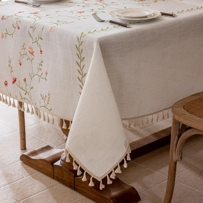 Linen Spring Flowers Tablecloth with Tassels, Rustic Farmhouse Embroidery Waterproof Table Cloths for Rectangle Tables, Heavy Weight Spill-Proof Table Covers, Pink Florals, 55''x 70''