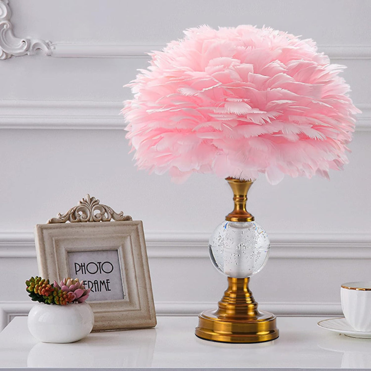Feather Deco Table Lamp Crystal Bedside Table Lamp Creative Personality Art Lamps Bedroom Decoration Living Room Dining Room Atmosphere Lighting Dimmable (Pink)