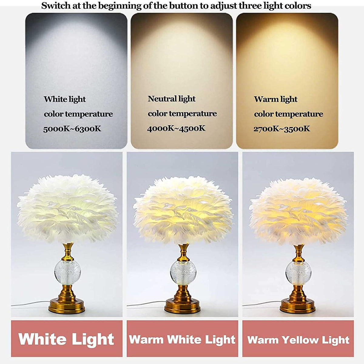 Feather Deco Table Lamp Crystal Bedside Table Lamp Creative Personality Art Lamps Bedroom Decoration Living Room Dining Room Atmosphere Lighting Dimmable (Pink)