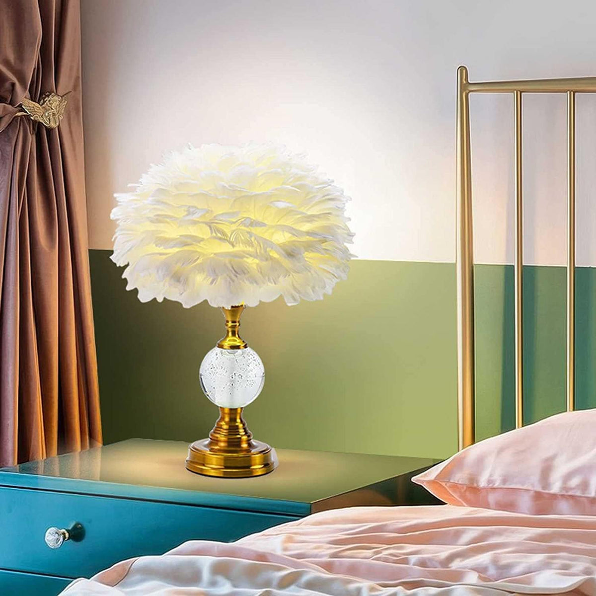 Feather Deco Table Lamp Crystal Bedside Table Lamp Creative Personality Art Lamps Bedroom Decoration Living Room Dining Room Atmosphere Lighting Dimmable (Pink)