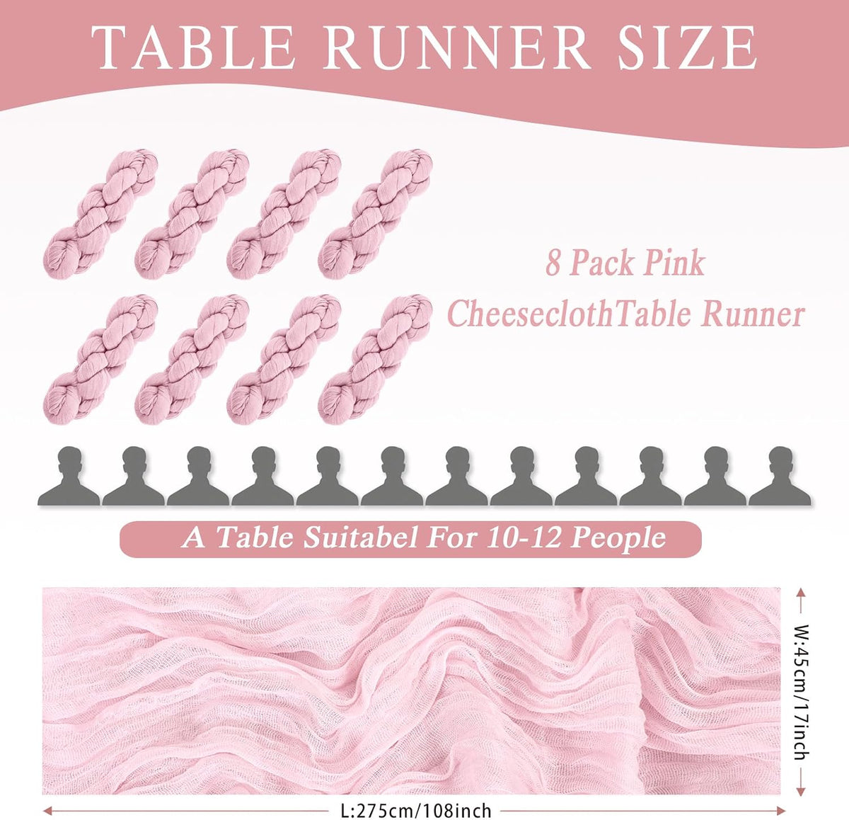 8 Pack Pink Cheesecloth Table Runner 17x108 inch Boho Gauze Cheese Cloth Table Runners for Wedding Party Baby Bridal Shower Home Decor