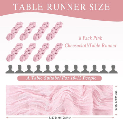 8 Pack Pink Cheesecloth Table Runner 17x108 inch Boho Gauze Cheese Cloth Table Runners for Wedding Party Baby Bridal Shower Home Decor