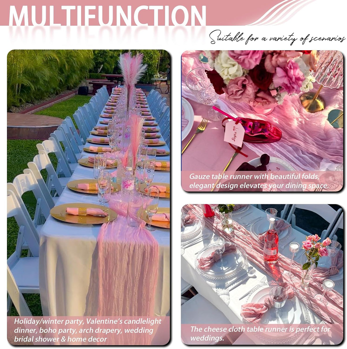 8 Pack Pink Cheesecloth Table Runner 17x108 inch Boho Gauze Cheese Cloth Table Runners for Wedding Party Baby Bridal Shower Home Decor