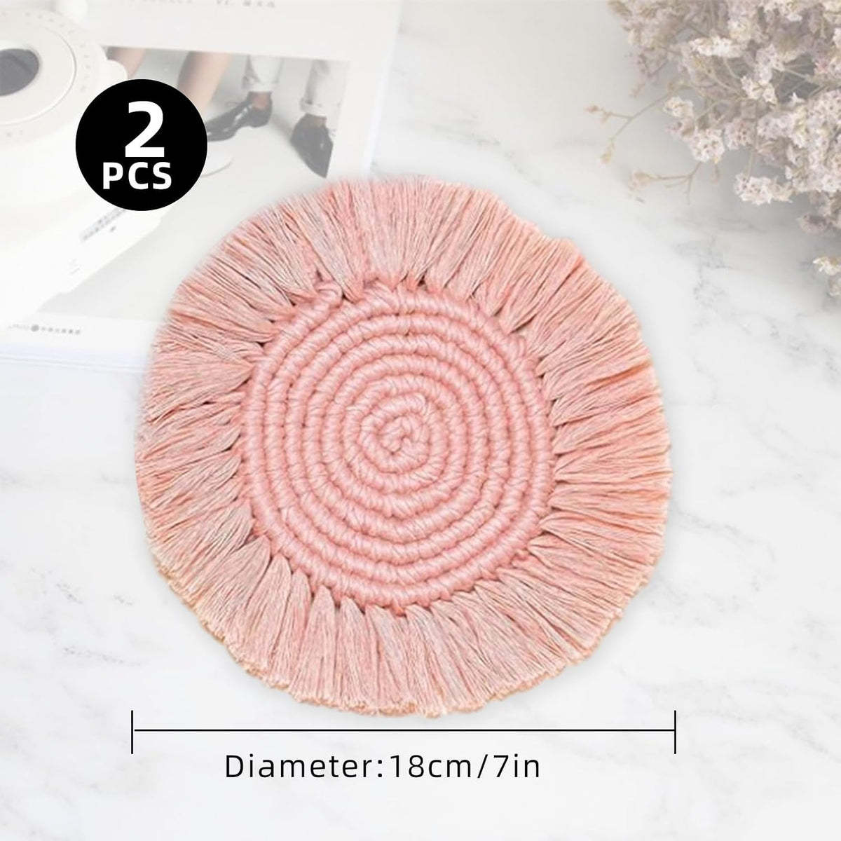 2 PCS Handmade Boho Coasters,100% Cotton Woven Macrame Absorbent Coaster for Drinks,Heat Resistant Cotton Coasters for Coffee Table,Desk Kitchen Dining Room Kitchen,Housewarming Gift
