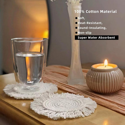 2 PCS Handmade Boho Coasters,100% Cotton Woven Macrame Absorbent Coaster for Drinks,Heat Resistant Cotton Coasters for Coffee Table,Desk Kitchen Dining Room Kitchen,Housewarming Gift