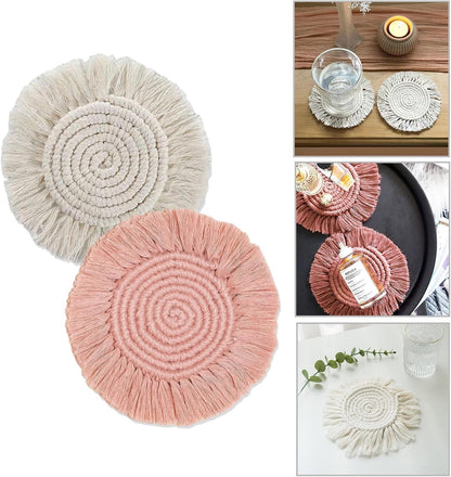 2 PCS Handmade Boho Coasters,100% Cotton Woven Macrame Absorbent Coaster for Drinks,Heat Resistant Cotton Coasters for Coffee Table,Desk Kitchen Dining Room Kitchen,Housewarming Gift